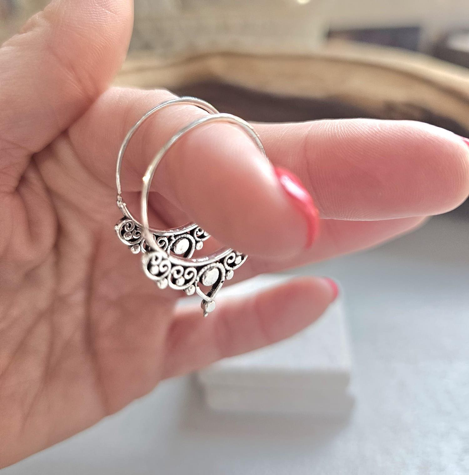 Silver Plated Bali Hoop Earrings Boho Filigree Hoops