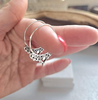 Silver Plated Bali Hoop Earrings Boho Filigree Hoops