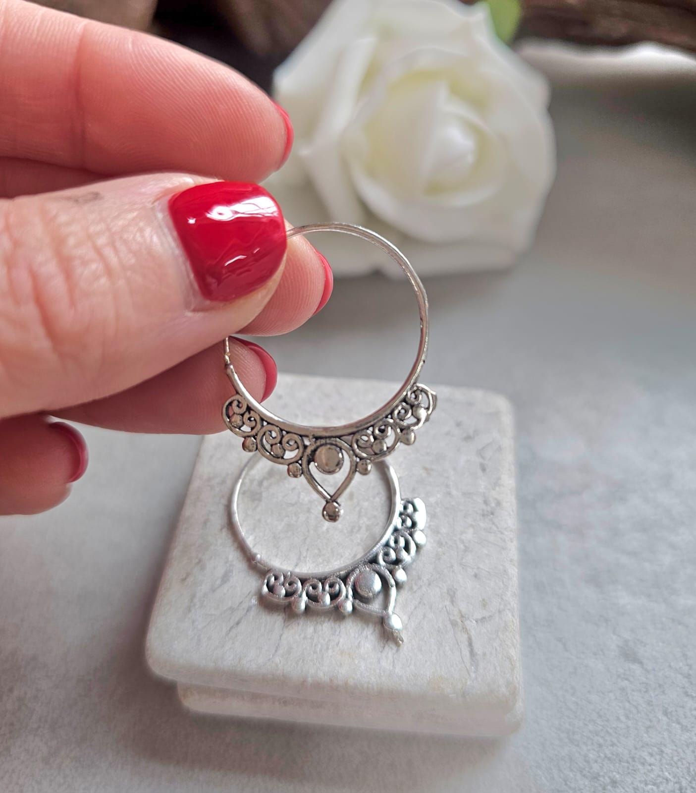 Silver Plated Bali Hoop Earrings Boho Filigree Hoops