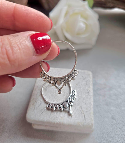 Silver Plated Bali Hoop Earrings Boho Filigree Hoops