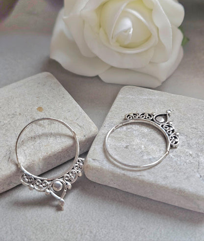 Silver Plated Bali Hoop Earrings Boho Filigree Hoops