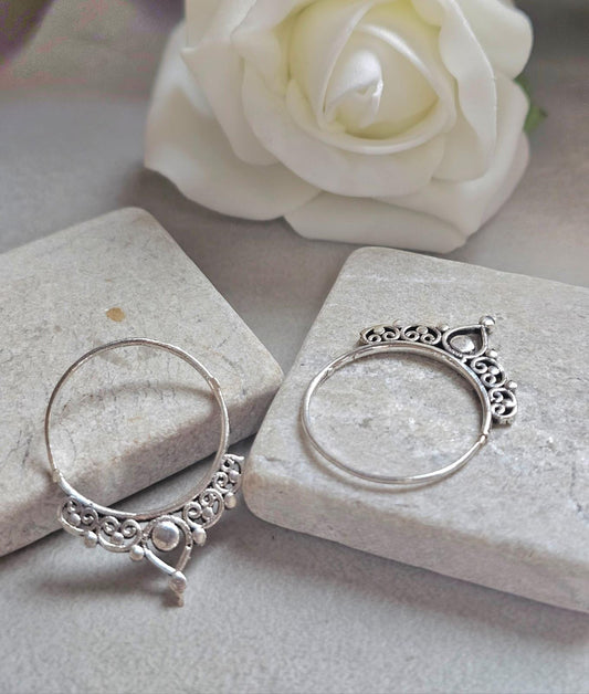 Silver Plated Bali Hoop Earrings Boho Filigree Hoops
