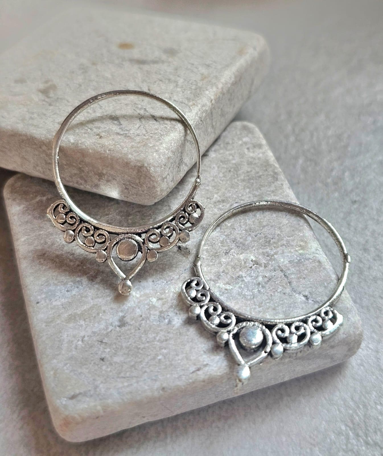 Silver Plated Bali Hoop Earrings Boho Filigree Hoops