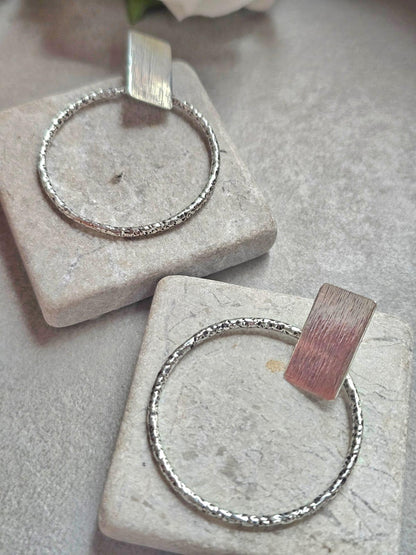 Silver Plated Hoop Earrings | Textured Circle Drop Earrings | Minimalist Geometric Stud Hoops | Modern Statement Jewellery | Gift for Her