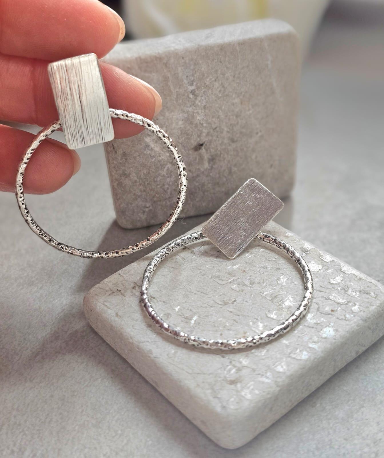 Silver Plated Hoop Earrings | Textured Circle Drop Earrings | Minimalist Geometric Stud Hoops | Modern Statement Jewellery | Gift for Her