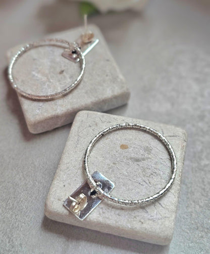 Silver Plated Hoop Earrings | Textured Circle Drop Earrings | Minimalist Geometric Stud Hoops | Modern Statement Jewellery | Gift for Her