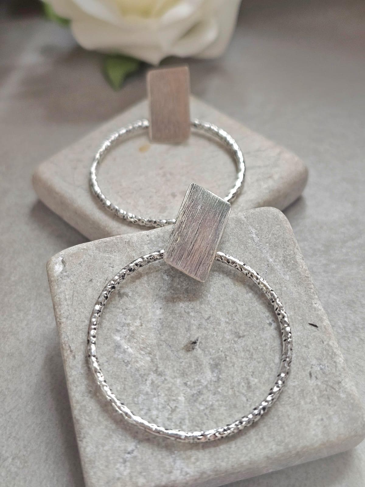 Silver Plated Hoop Earrings | Textured Circle Drop Earrings | Minimalist Geometric Stud Hoops | Modern Statement Jewellery | Gift for Her