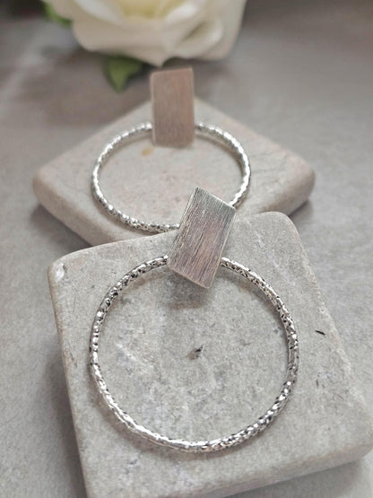 Silver Plated Hoop Earrings | Textured Circle Drop Earrings | Minimalist Geometric Stud Hoops | Modern Statement Jewellery | Gift for Her