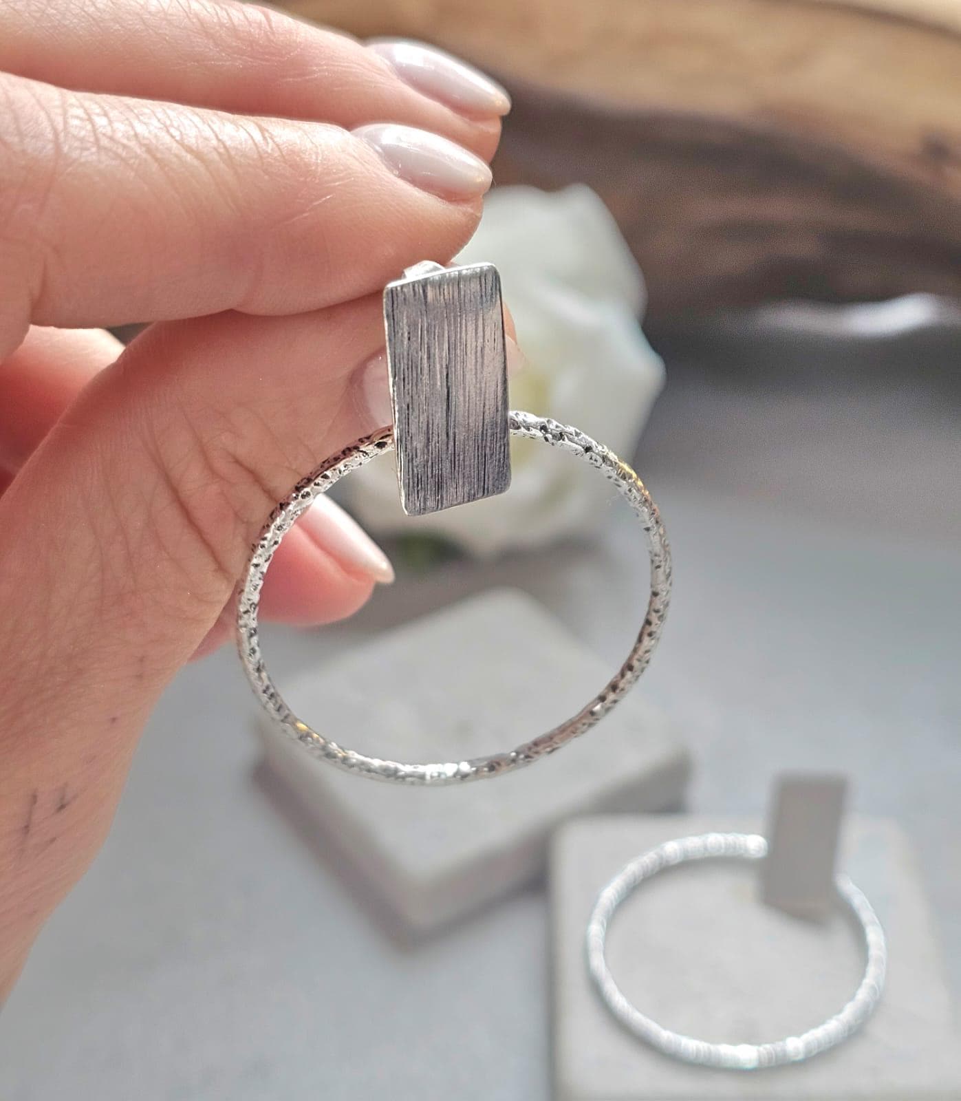 Silver Plated Hoop Earrings | Textured Circle Drop Earrings | Minimalist Geometric Stud Hoops | Modern Statement Jewellery | Gift for Her