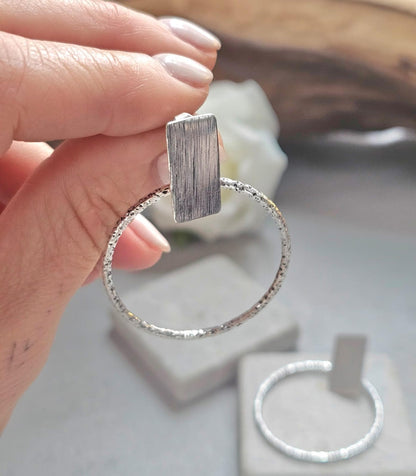 Silver Plated Hoop Earrings | Textured Circle Drop Earrings | Minimalist Geometric Stud Hoops | Modern Statement Jewellery | Gift for Her
