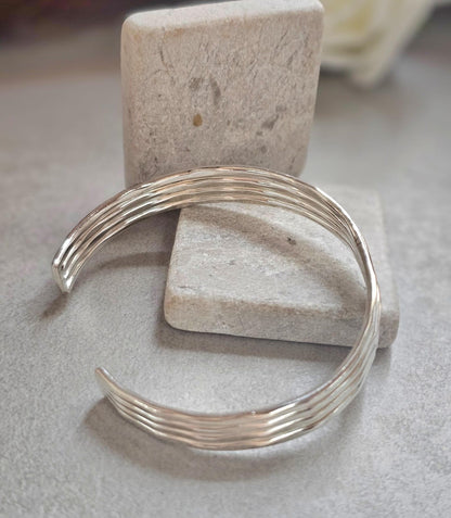 Silver Cuff Bracelet, Minimalist Silver Bangle, Adjustable Open Cuff, Layered Stack Bracelet, Modern Boho Jewellery, Gift for Her