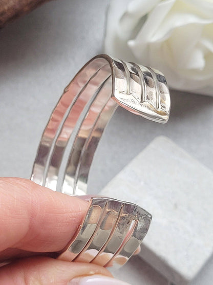 Silver Hammered Cuff Bracelet, Silver Plated Adjustable Bangle, Minimalist Textured Bracelet, Open Cuff Jewellery, Modern Gift for Her