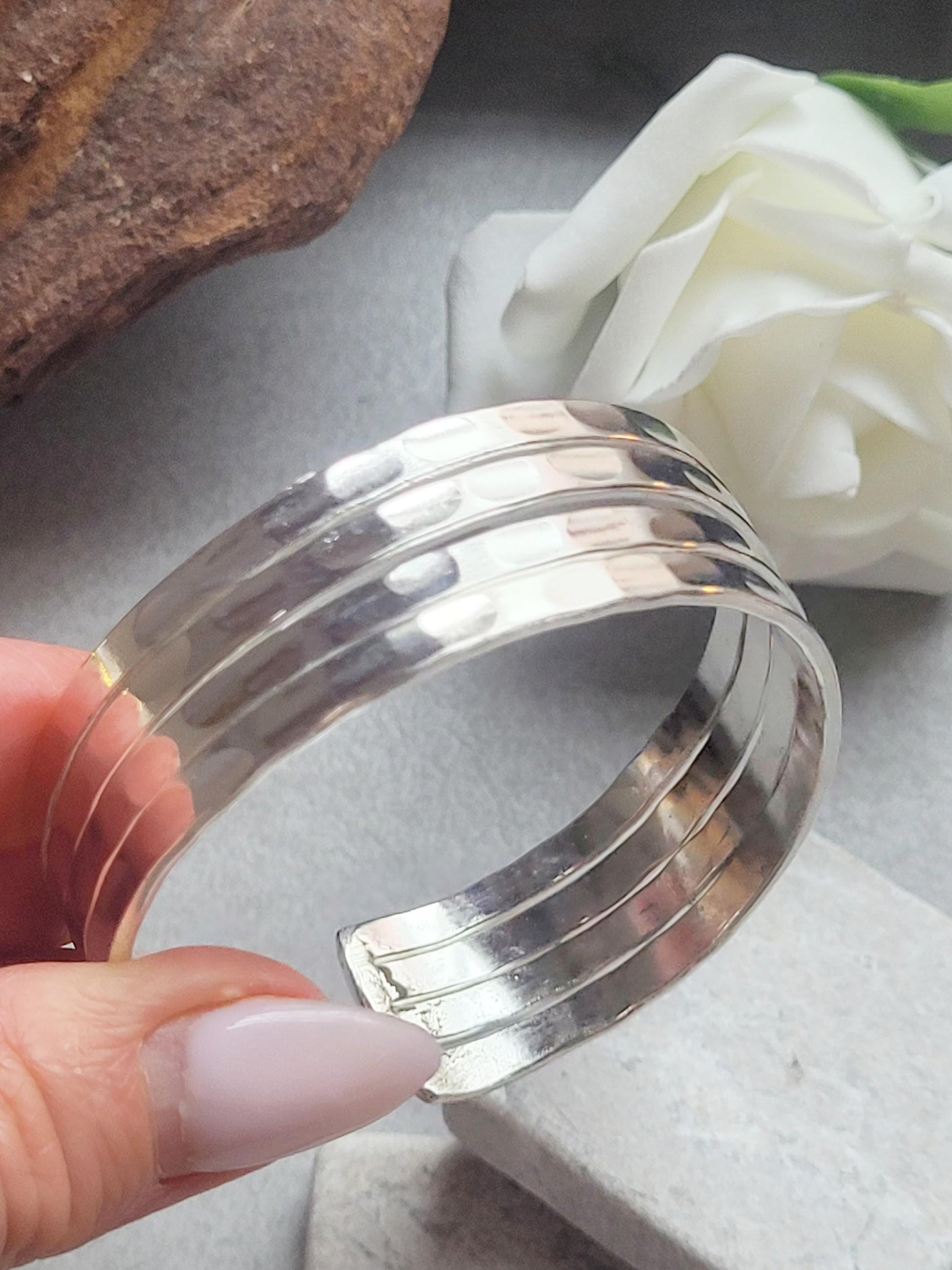 Silver Hammered Cuff Bracelet, Silver Plated Adjustable Bangle, Minimalist Textured Bracelet, Open Cuff Jewellery, Modern Gift for Her