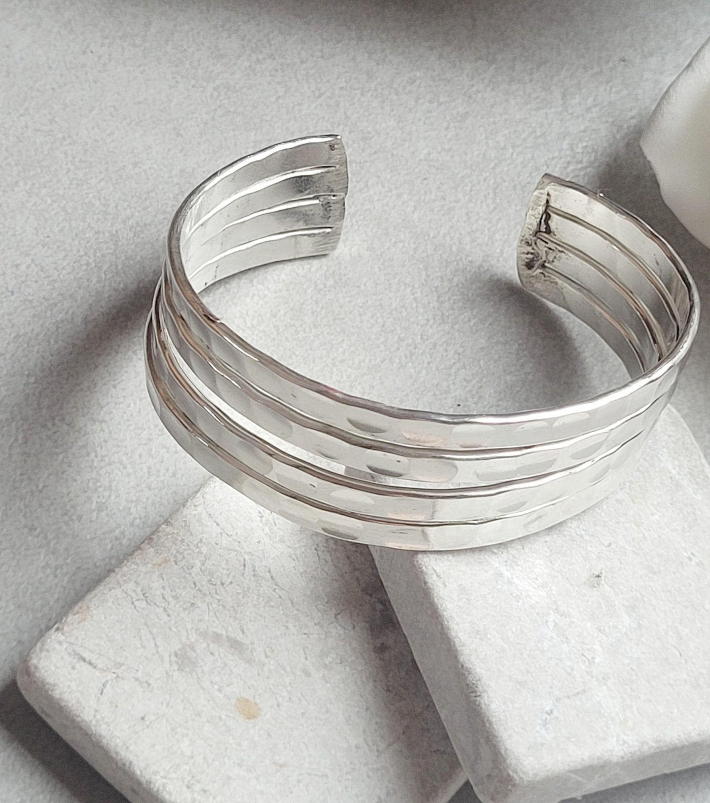 Silver Hammered Cuff Bracelet, Silver Plated Adjustable Bangle, Minimalist Textured Bracelet, Open Cuff Jewellery, Modern Gift for Her