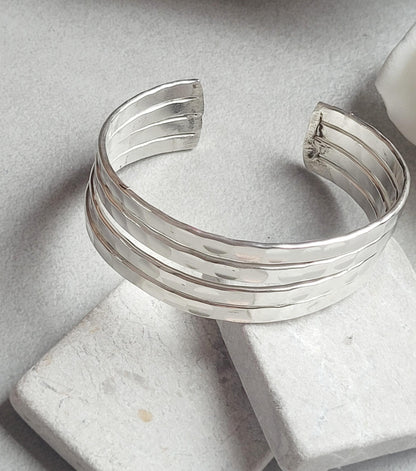 Silver Hammered Cuff Bracelet, Silver Plated Adjustable Bangle, Minimalist Textured Bracelet, Open Cuff Jewellery, Modern Gift for Her
