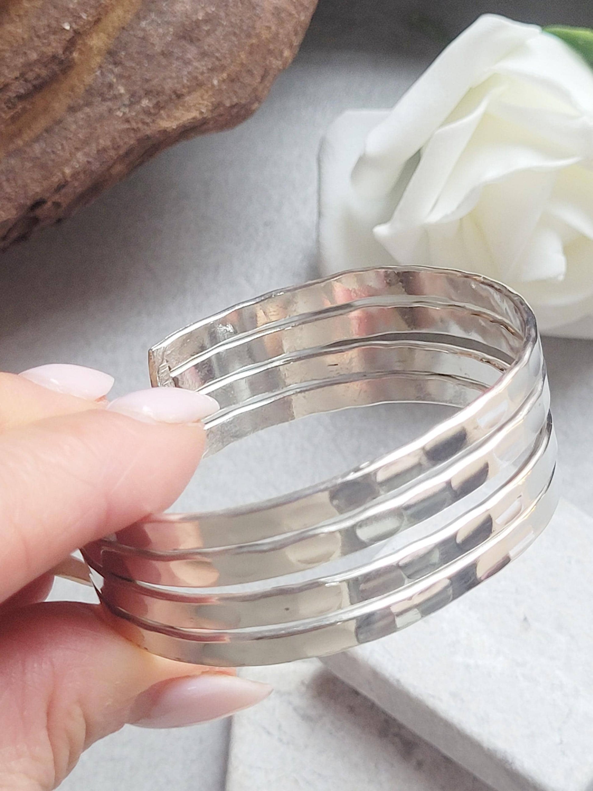 Silver Hammered Cuff Bracelet, Silver Plated Adjustable Bangle, Minimalist Textured Bracelet, Open Cuff Jewellery, Modern Gift for Her