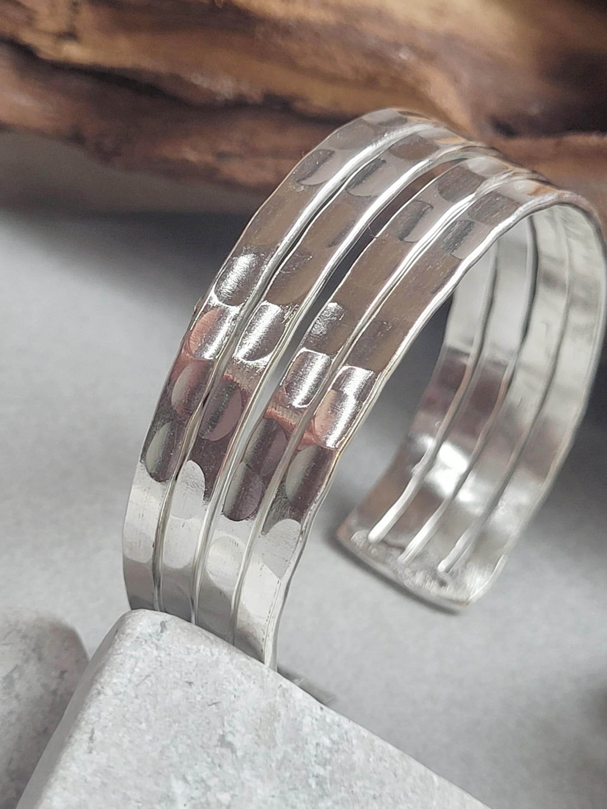 Silver Hammered Cuff Bracelet, Silver Plated Adjustable Bangle, Minimalist Textured Bracelet, Open Cuff Jewellery, Modern Gift for Her