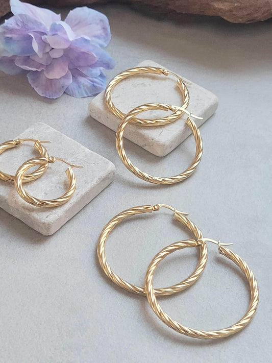 18K Gold Plated Twisted Hoop Earrings, Stainless Steel Waterproof Hoops, Hypoallergenic Jewellery, Tarnish Resistant, Minimalist Gold Earrin