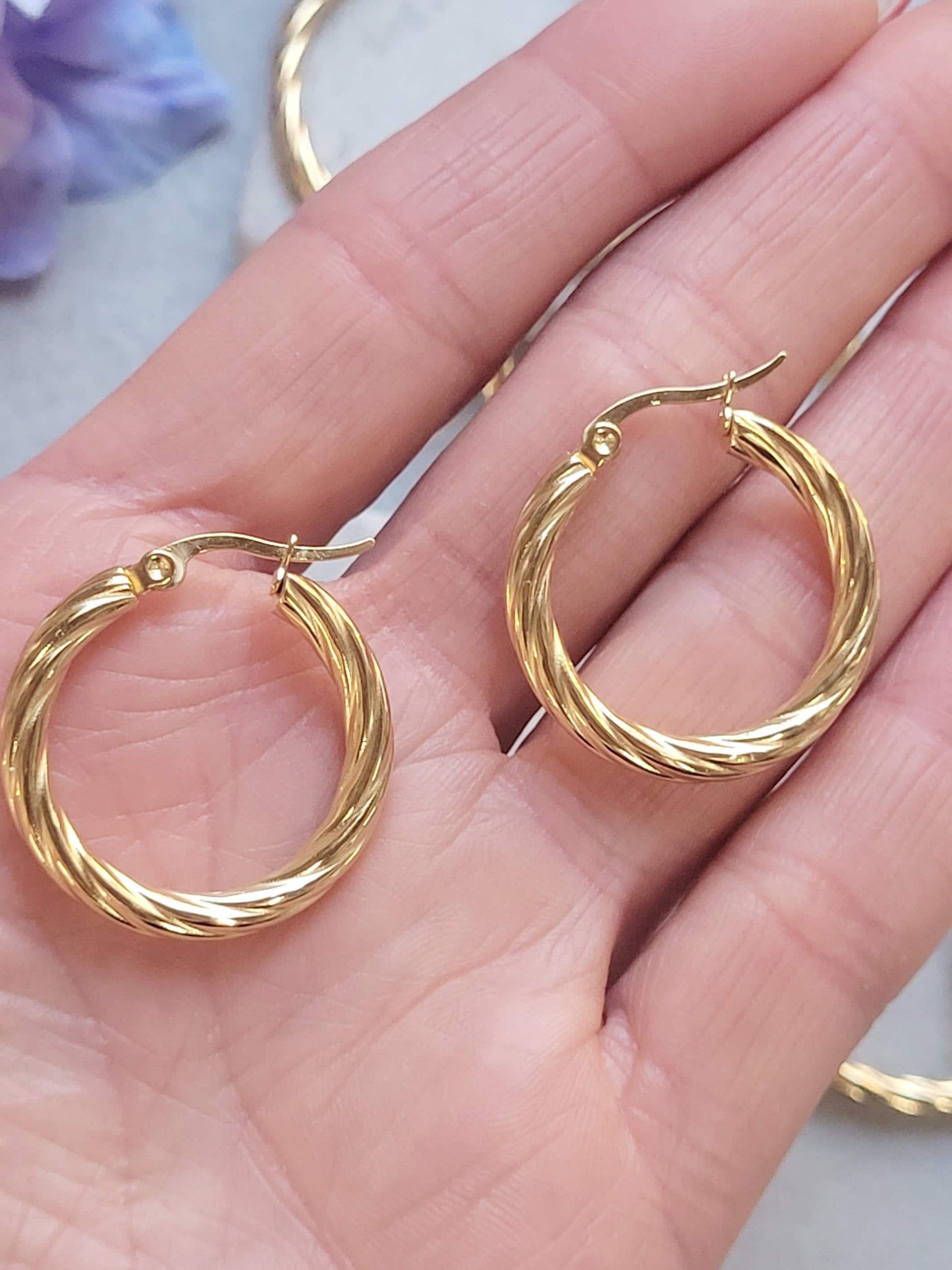 18K Gold Plated Twisted Hoop Earrings, Stainless Steel Waterproof Hoops, Hypoallergenic Jewellery, Tarnish Resistant, Minimalist Gold Earrin