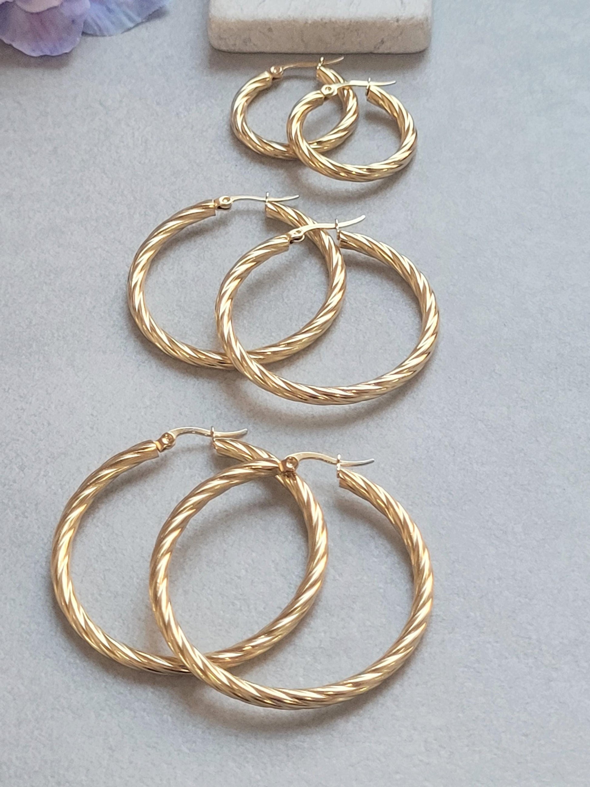 18K Gold Plated Twisted Hoop Earrings, Stainless Steel Waterproof Hoops, Hypoallergenic Jewellery, Tarnish Resistant, Minimalist Gold Earrin