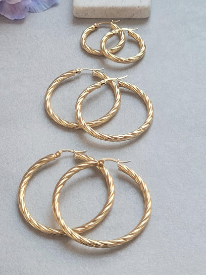 18K Gold Plated Twisted Hoop Earrings, Stainless Steel Waterproof Hoops, Hypoallergenic Jewellery, Tarnish Resistant, Minimalist Gold Earrin