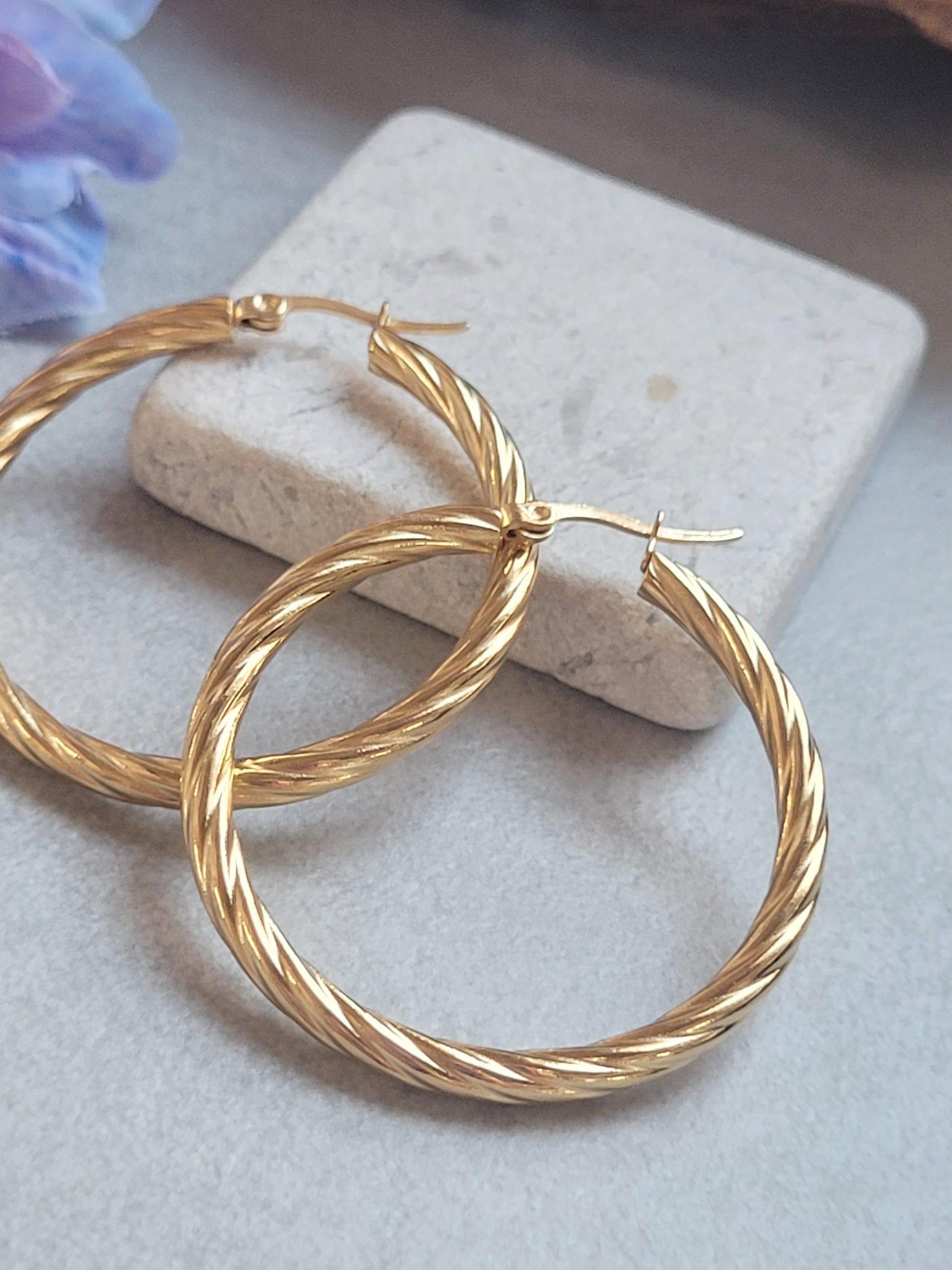 18K Gold Plated Twisted Hoop Earrings, Stainless Steel Waterproof Hoops, Hypoallergenic Jewellery, Tarnish Resistant, Minimalist Gold Earrin