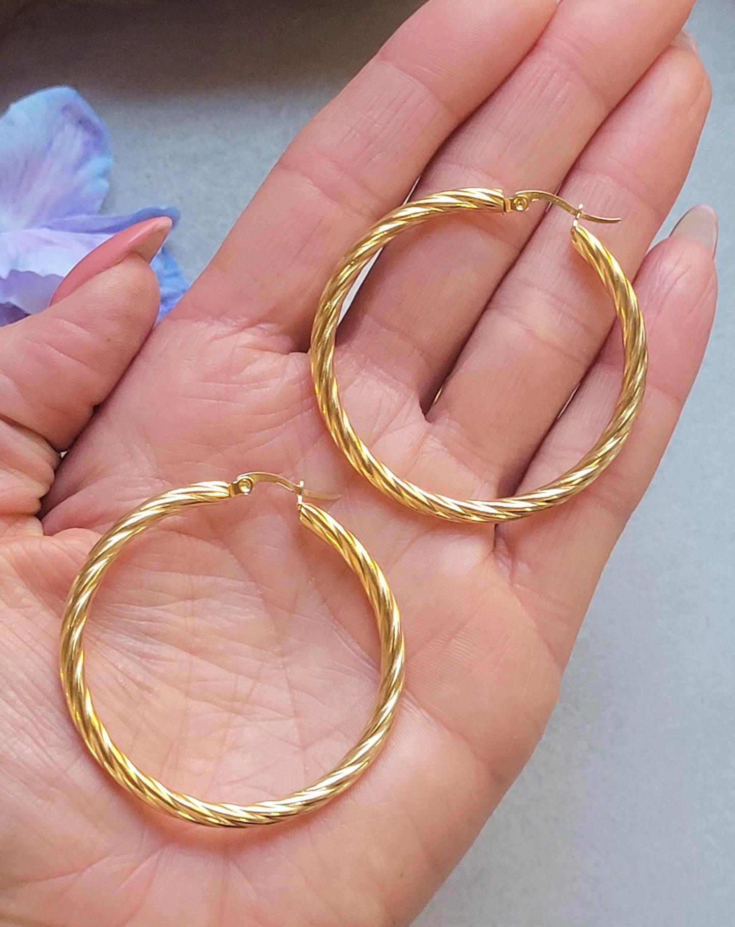 18K Gold Plated Twisted Hoop Earrings, Stainless Steel Waterproof Hoops, Hypoallergenic Jewellery, Tarnish Resistant, Minimalist Gold Earrin