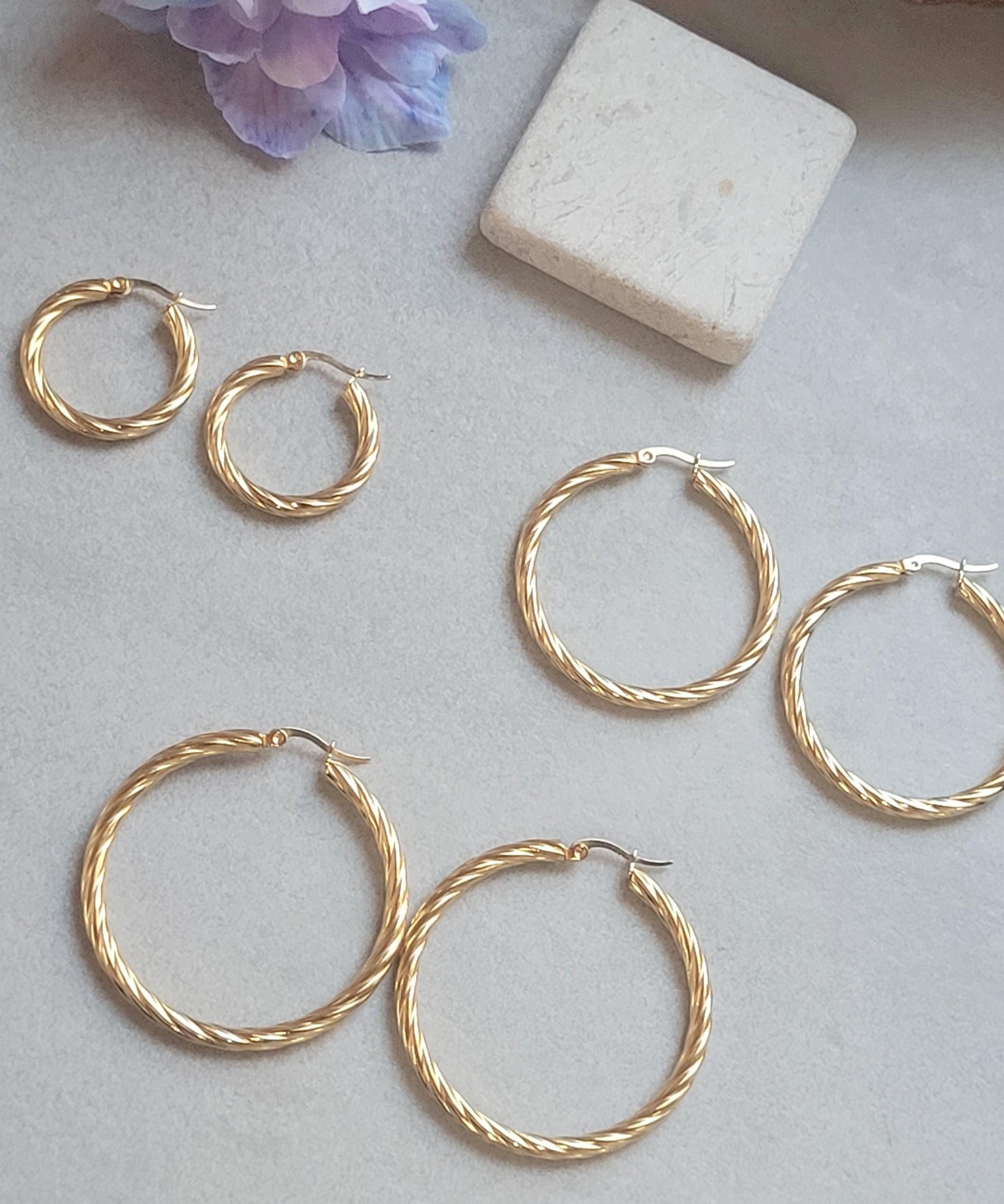 18K Gold Plated Twisted Hoop Earrings, Stainless Steel Waterproof Hoops, Hypoallergenic Jewellery, Tarnish Resistant, Minimalist Gold Earrin