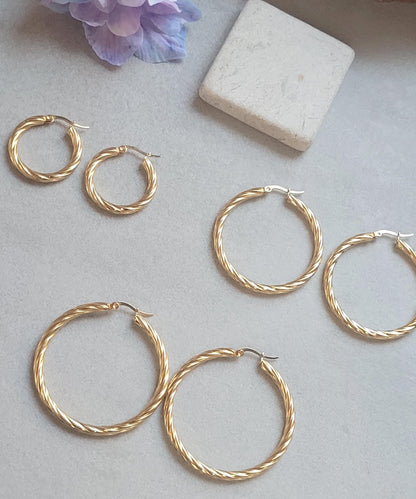 18K Gold Plated Twisted Hoop Earrings, Stainless Steel Waterproof Hoops, Hypoallergenic Jewellery, Tarnish Resistant, Minimalist Gold Earrin