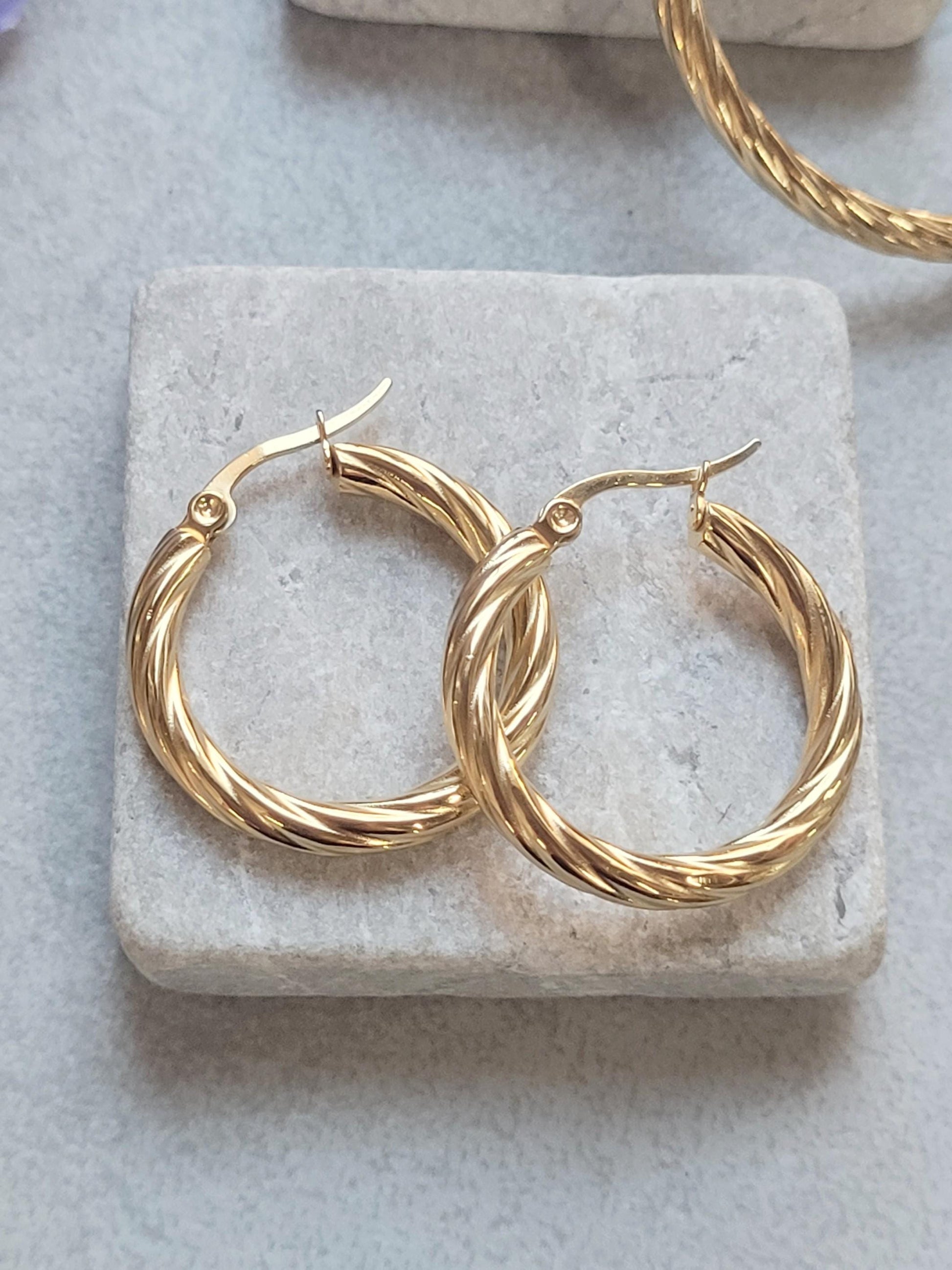 18K Gold Plated Twisted Hoop Earrings, Stainless Steel Waterproof Hoops, Hypoallergenic Jewellery, Tarnish Resistant, Minimalist Gold Earrin