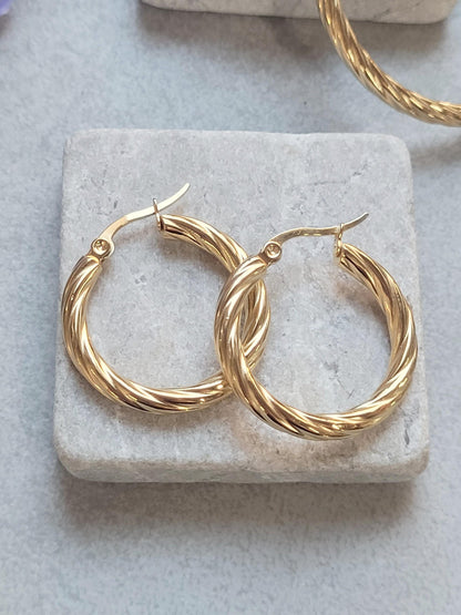 18K Gold Plated Twisted Hoop Earrings, Stainless Steel Waterproof Hoops, Hypoallergenic Jewellery, Tarnish Resistant, Minimalist Gold Earrin