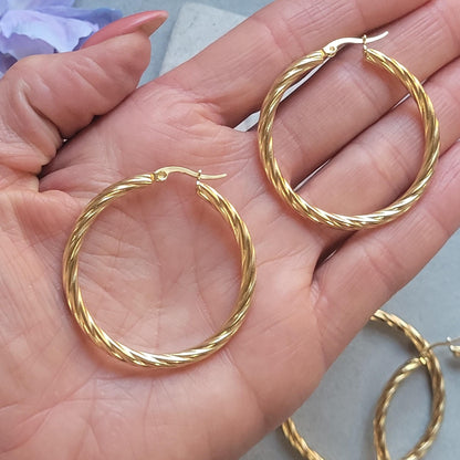 18K Gold Plated Twisted Hoop Earrings, Stainless Steel Waterproof Hoops, Hypoallergenic Jewellery, Tarnish Resistant, Minimalist Gold Earrin