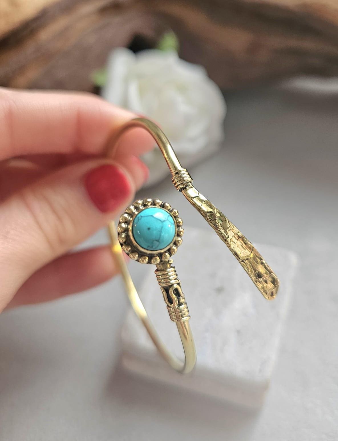 Hammered Brass Turquoise Cuff Bracelet, Infinity Open Bangle, Hypoallergenic Nickel Free Jewellery, Boho Bracelet, Gift for her