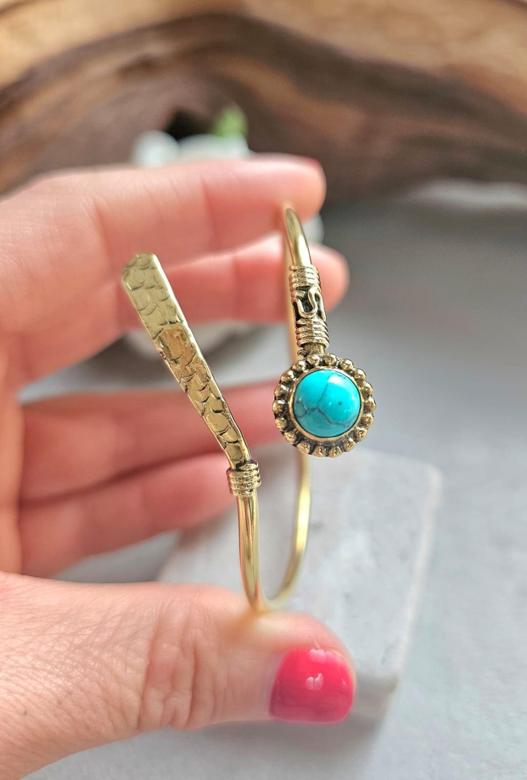 Hammered Brass Turquoise Cuff Bracelet, Infinity Open Bangle, Hypoallergenic Nickel Free Jewellery, Boho Bracelet, Gift for her