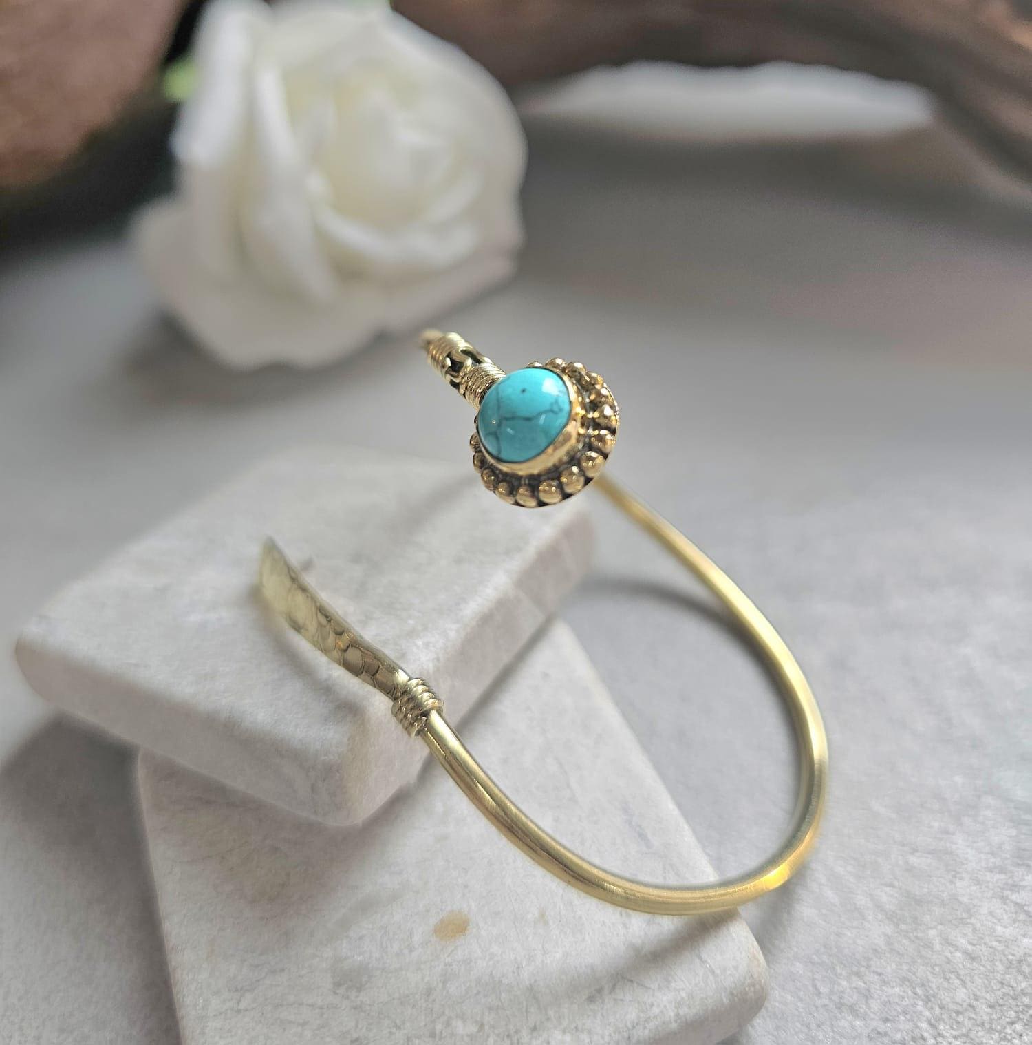 Hammered Brass Turquoise Cuff Bracelet, Infinity Open Bangle, Hypoallergenic Nickel Free Jewellery, Boho Bracelet, Gift for her