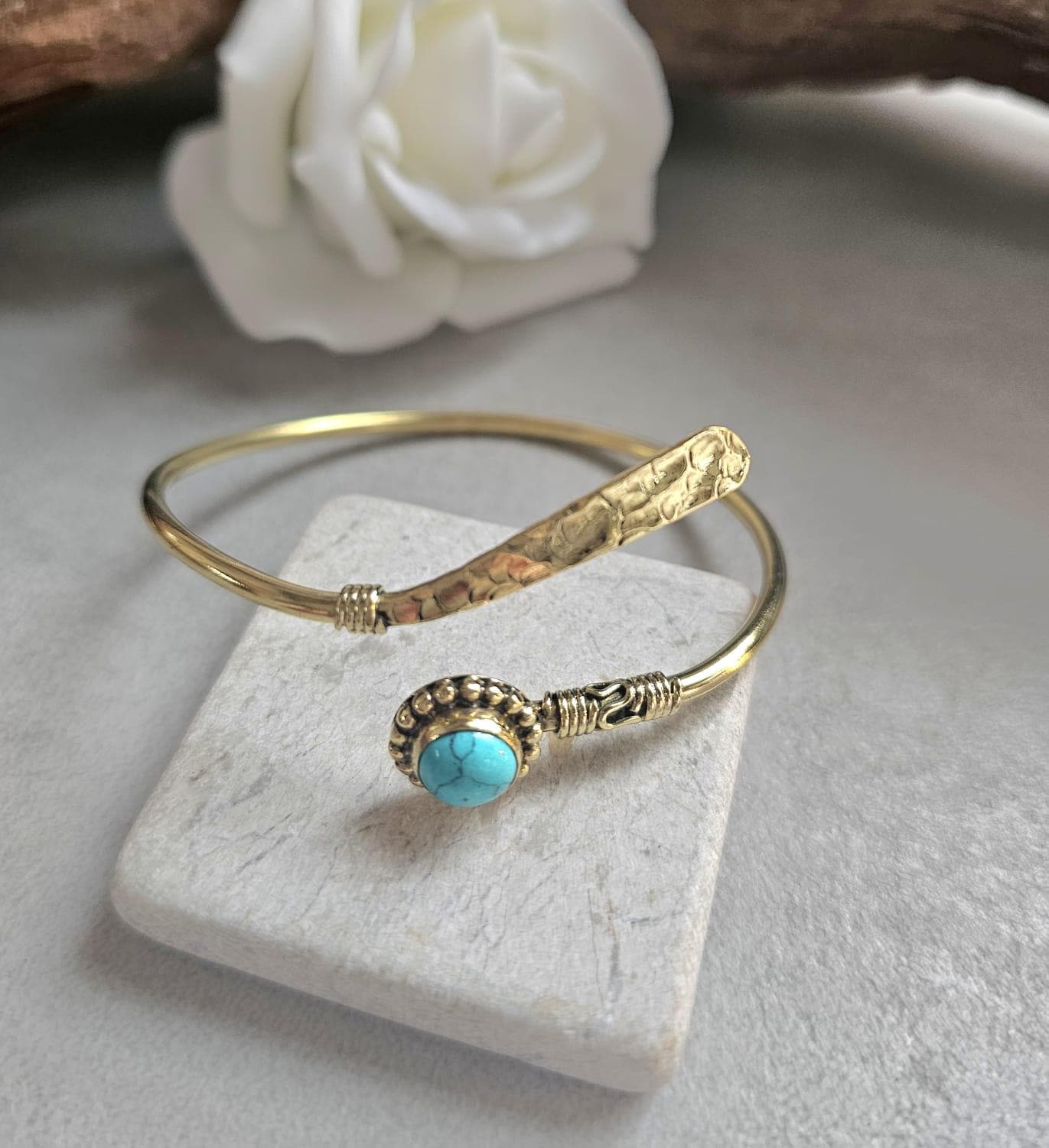 Hammered Brass Turquoise Cuff Bracelet, Infinity Open Bangle, Hypoallergenic Nickel Free Jewellery, Boho Bracelet, Gift for her