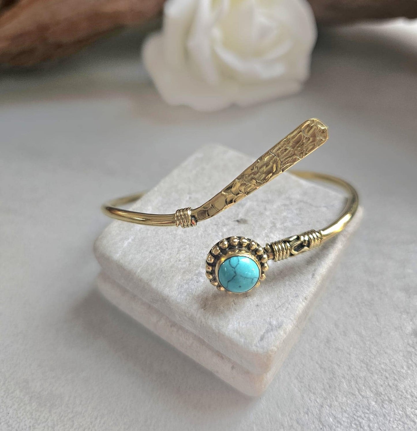 Hammered Brass Turquoise Cuff Bracelet, Infinity Open Bangle, Hypoallergenic Nickel Free Jewellery, Boho Bracelet, Gift for her