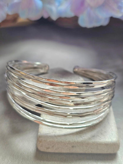 Silver Plated Multi Strand Cuff Bracelet, Chunky Statement Bangle, Layered Wire Bracelet, Minimalist Boho Jewellery, Adjustable Open Cuff