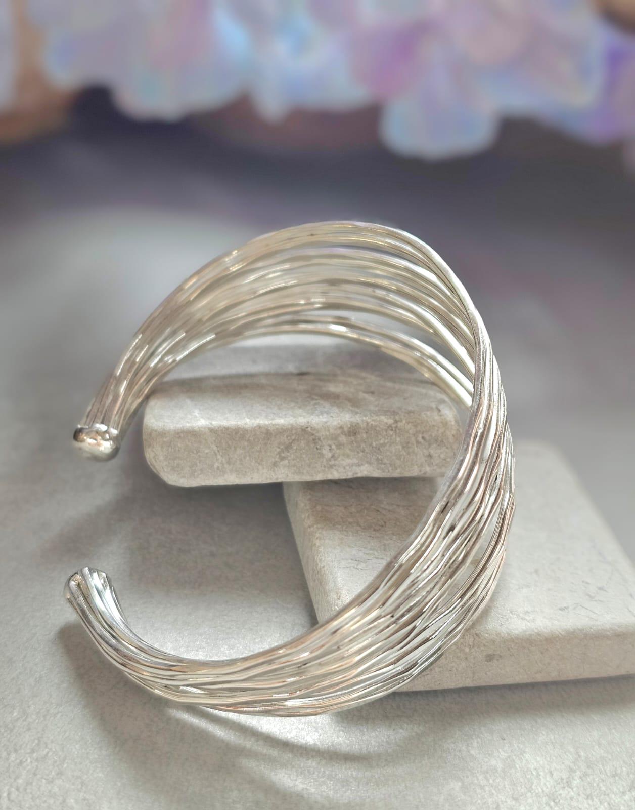 Silver Plated Multi Strand Cuff Bracelet, Chunky Statement Bangle, Layered Wire Bracelet, Minimalist Boho Jewellery, Adjustable Open Cuff