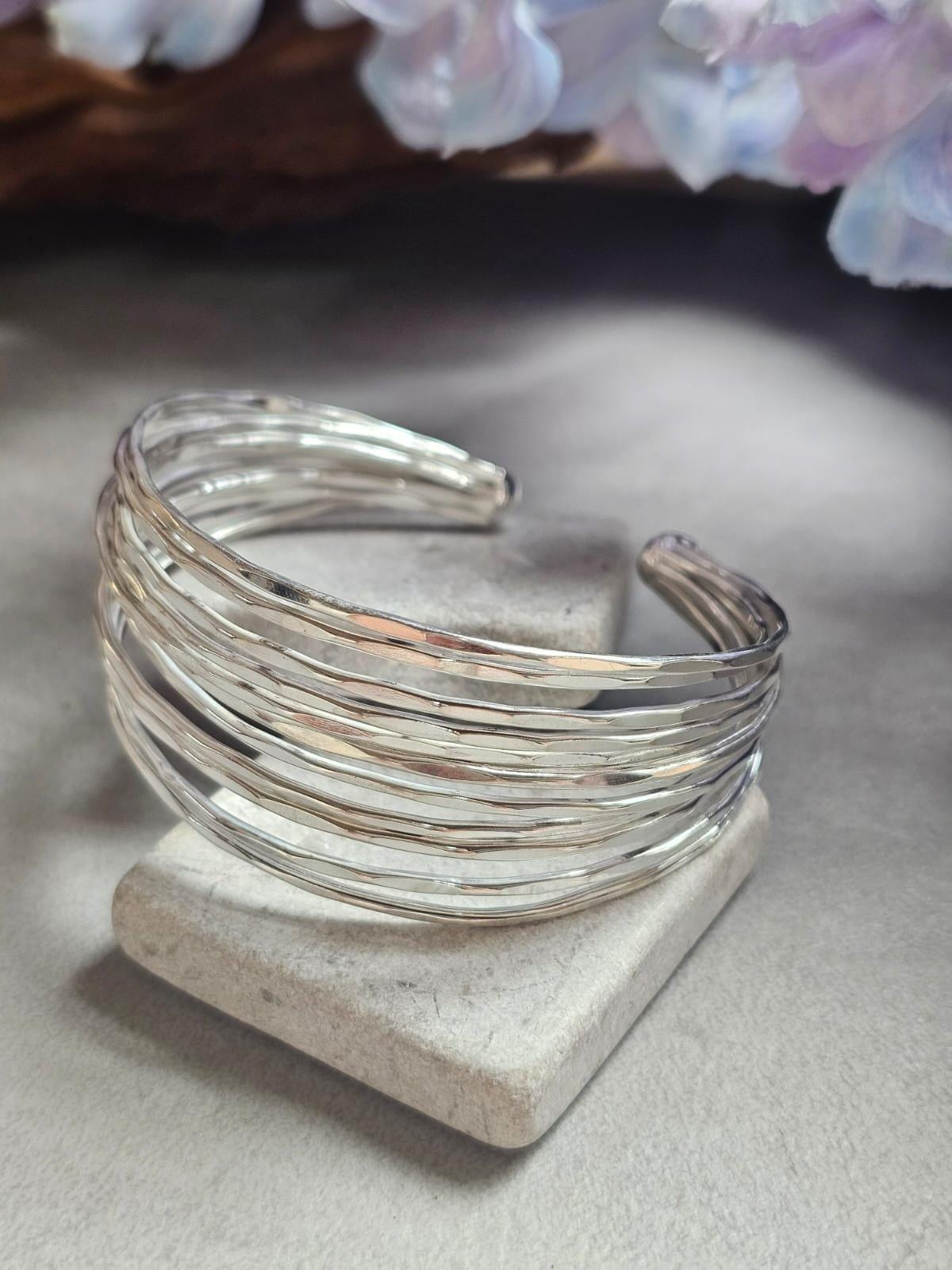 Silver Plated Multi Strand Cuff Bracelet, Chunky Statement Bangle, Layered Wire Bracelet, Minimalist Boho Jewellery, Adjustable Open Cuff