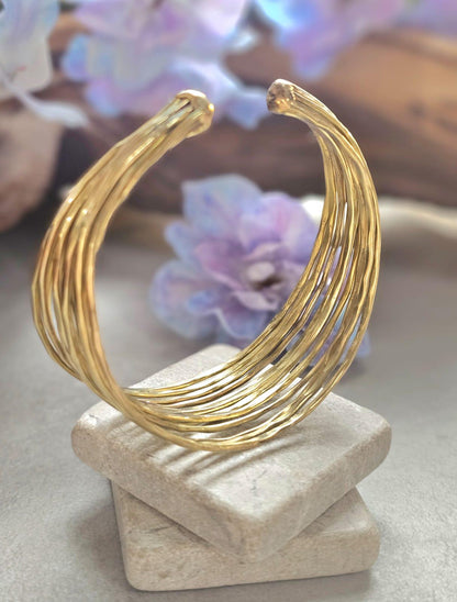 Gold Brass Multi Strand Cuff Bracelet, Chunky Layered Bangle, Statement Open Cuff, Boho Minimalist Jewellery, Adjustable Wrist Bracelet