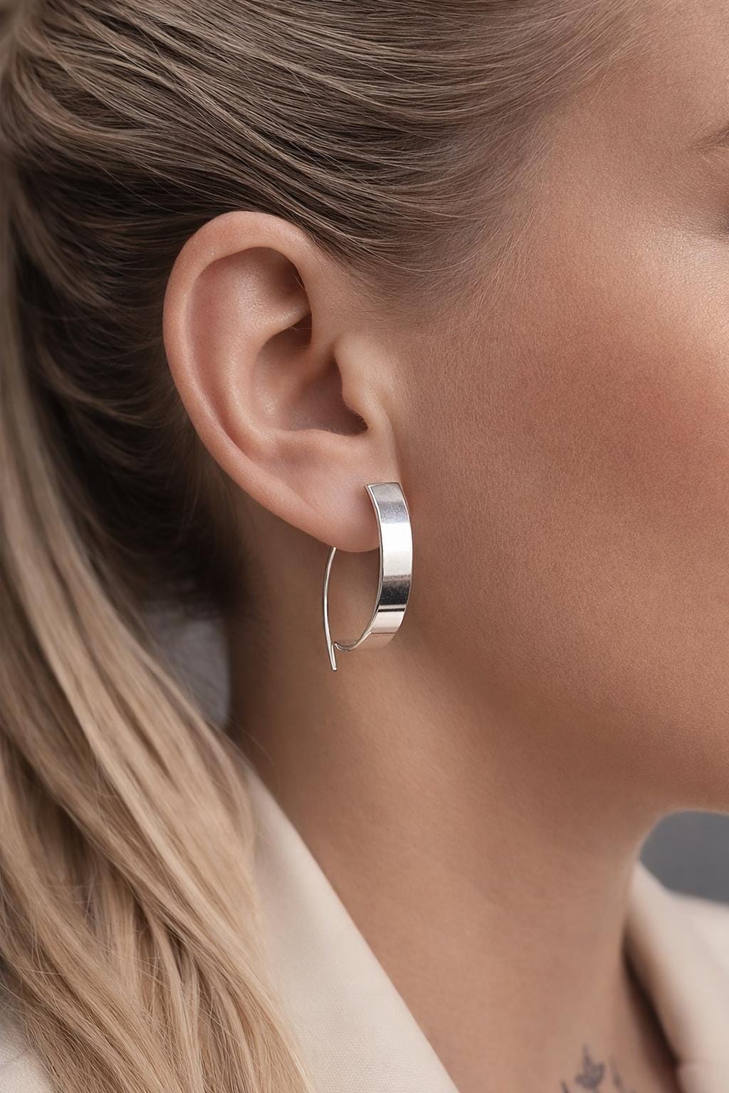 Silver Plated Wide Hoop Earrings | Minimalist Flat Hoops | Lightweight Everyday Jewellery | Modern Statement Earrings | Gift for Her