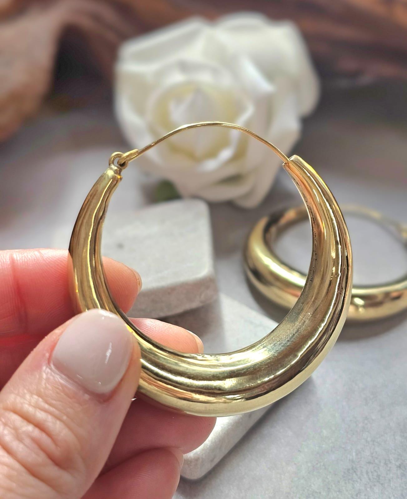 Thick Gold Hoop Earrings 5.5cm, Curved Statement Hoops, Lightweight Hypoallergenic Brass Earrings, Bold Modern Jewellery, Large Hoops