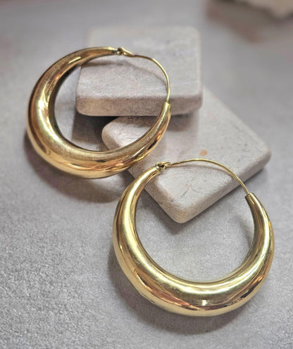 Thick Gold Hoop Earrings 5.5cm, Curved Statement Hoops, Lightweight Hypoallergenic Brass Earrings, Bold Modern Jewellery, Large Hoops
