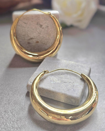Thick Gold Hoop Earrings 5.5cm, Curved Statement Hoops, Lightweight Hypoallergenic Brass Earrings, Bold Modern Jewellery, Large Hoops