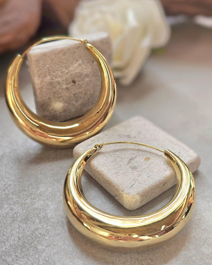 Thick Gold Hoop Earrings 5.5cm, Curved Statement Hoops, Lightweight Hypoallergenic Brass Earrings, Bold Modern Jewellery, Large Hoops