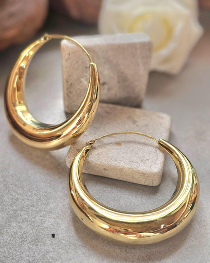 Super Size Gold Hoops 6cm, Thick Crescent Hoop Earrings, Lightweight Brass, Hypoallergenic Large Statement Earrings