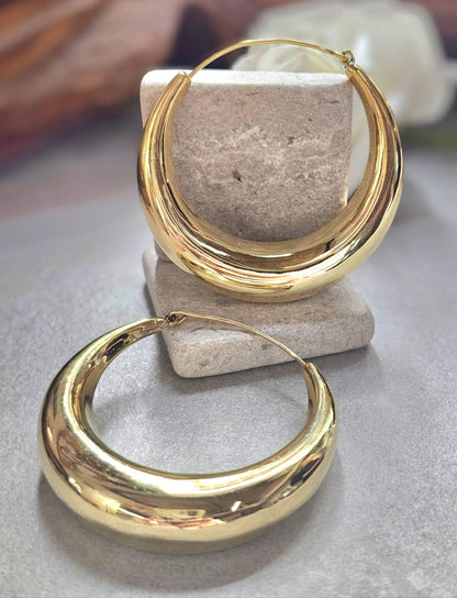 Super Size Gold Hoops 6cm, Thick Crescent Hoop Earrings, Lightweight Brass, Hypoallergenic Large Statement Earrings