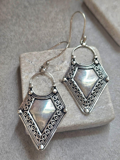 Boho Silver Plated Dangle Earrings | Tribal Design | Lightweight Hypoallergenic Statement Earrings