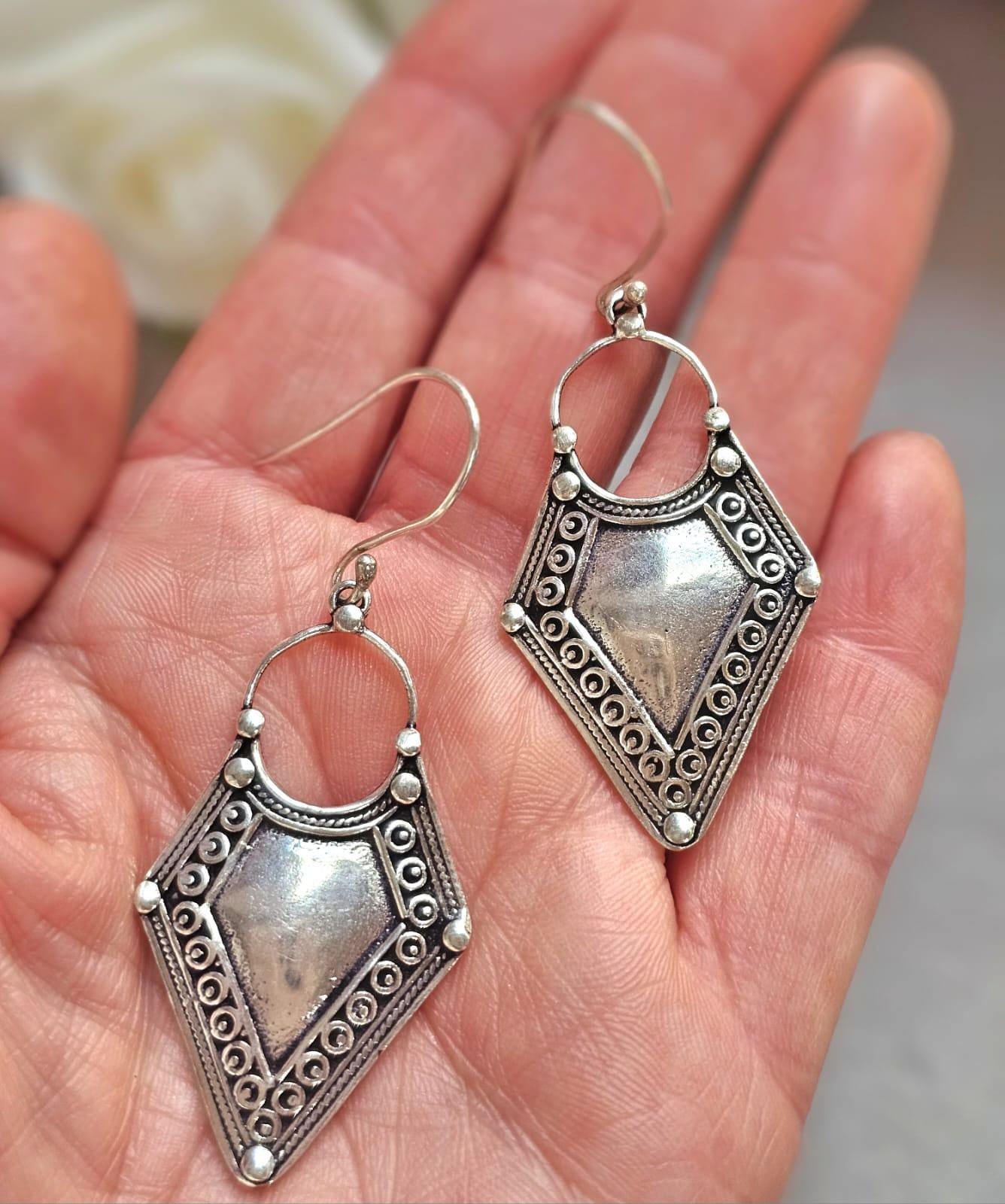 Boho Silver Plated Dangle Earrings | Tribal Design | Lightweight Hypoallergenic Statement Earrings